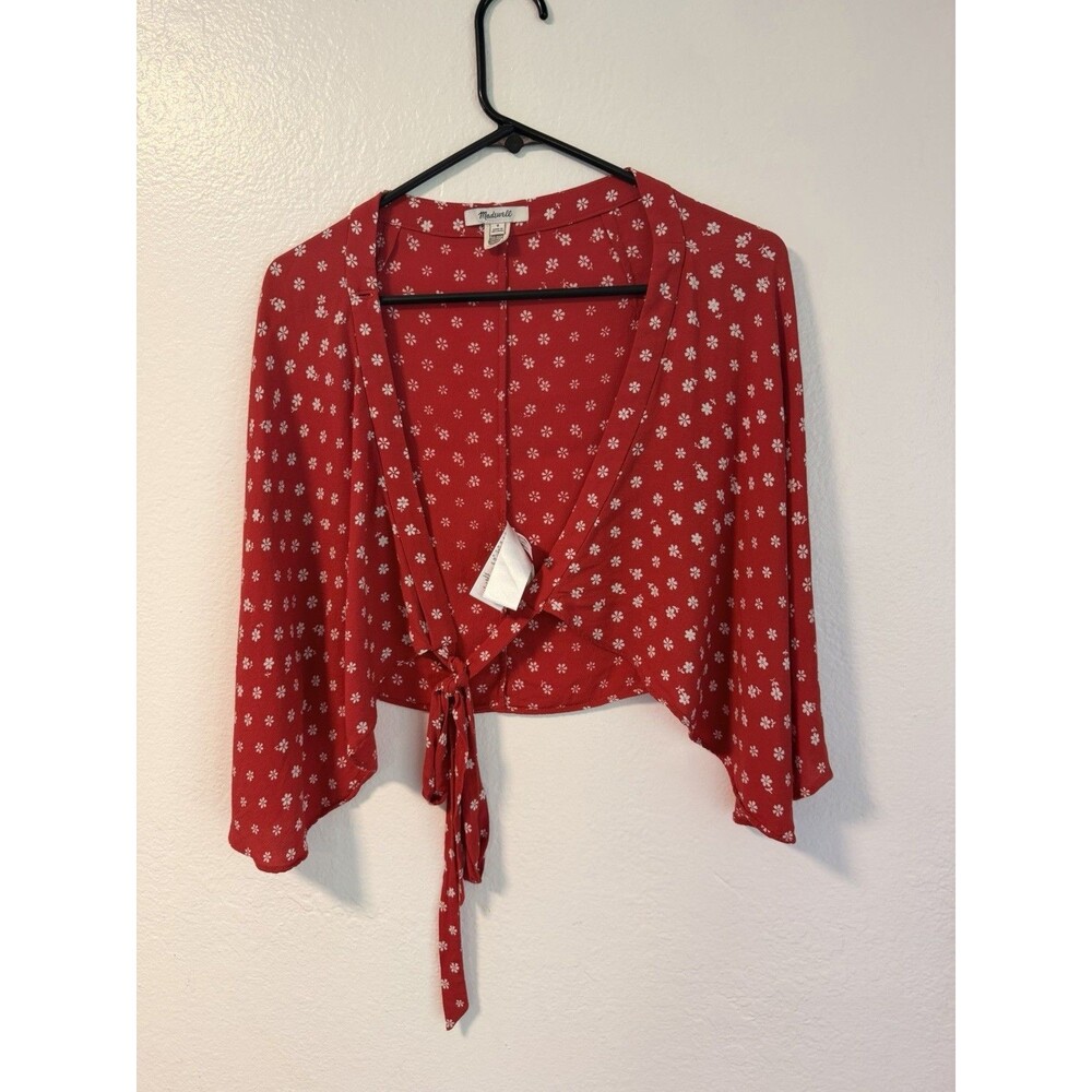 MADEWELL Red Floral Tie Front Crop Top Bell Sleeve Boho Blouse Size 0